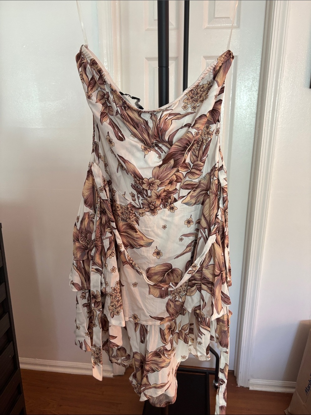 Cream Strapless Floral Slip Dress with Brown Botanical Print
